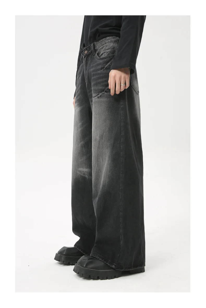 Pantaloni in denim da uomo larghi e dritti, neri, lavati, a gamba larga o lunghi, larghi, per uomo_voghion.com