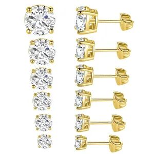 Hypoallergenic Trendy Cubic Zirconia Stud Earrings Stainless Steel 4 Prong Setting Brilliant Cut 3mm to 8mm