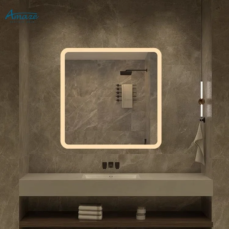 Square smart mirror Bathroom wall mounted LED Intelligent defogging mirror Human sensing touch screen bathroom mirror details