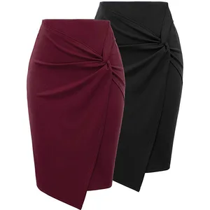 Ladies Formal Professional Office Skirt Elastic High Waist Asymmetrical Wrap Front Wear to Work Pencil Skirts for Women