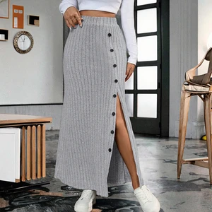 Women's Elegantly Knitted Floor-Length Skirt for Autumn Winter Solid with Button Decoration & Natural Waistline