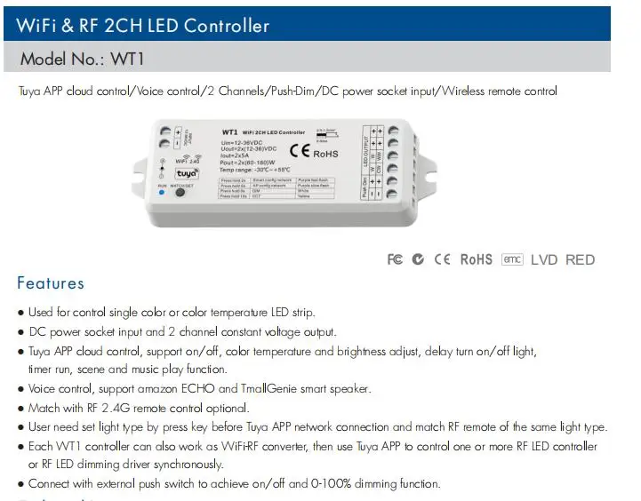 Wt1 Led Controller WiFi & RF Led Controller for 2 Channel Brightness or CCT Control Smart ...