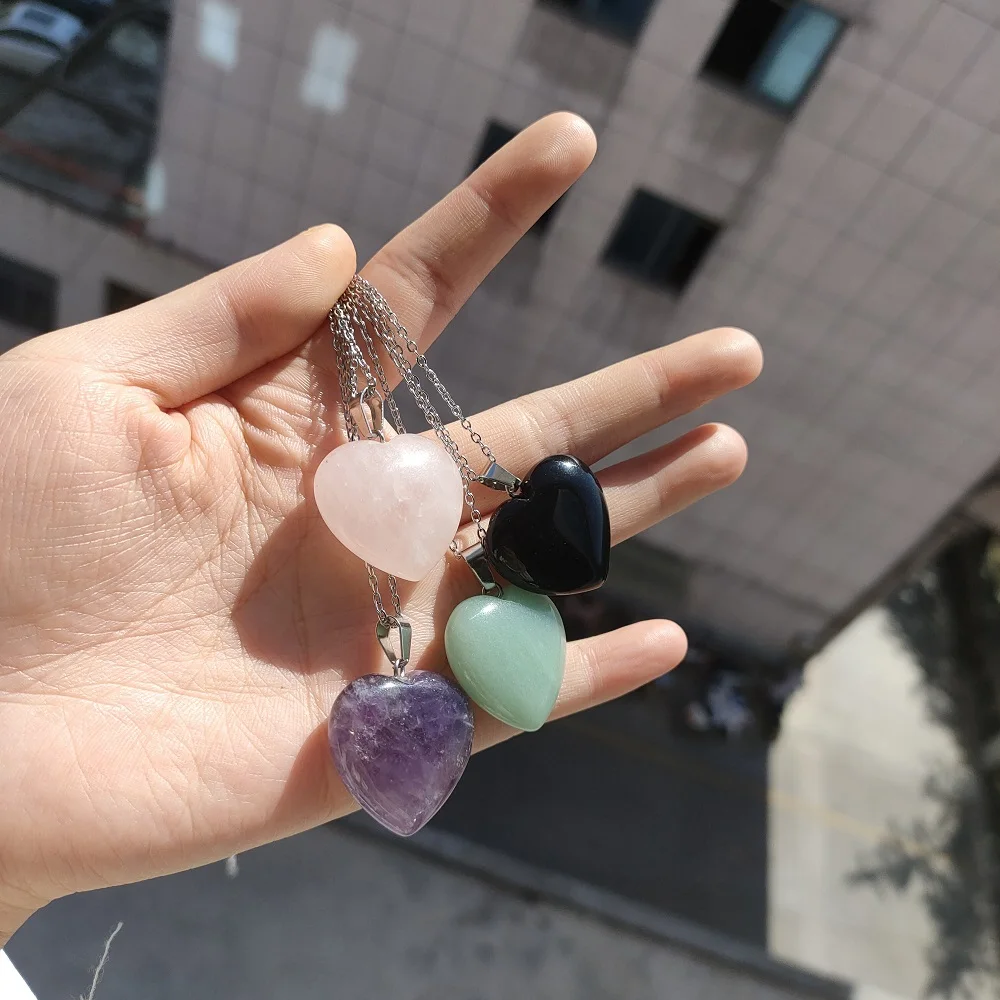 Statement Simple Fashion Stainless Steel Chains Natural Jade Stone  Birthstone Crystal Heart Necklace for Women Men