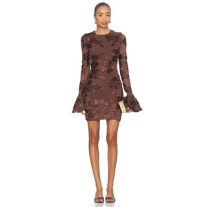 High Quality New Stock Arrival Fashion Embroidered Lace Flared Long-Sleeve Sexy Short Dress for Daily