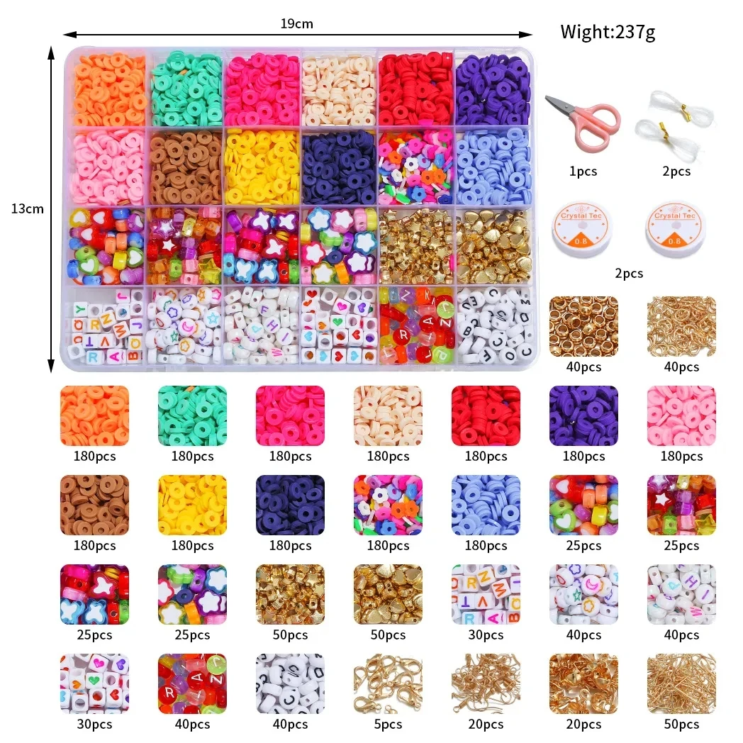 12 Colors 4000pcs DIY Ceramic Loose Bead Set 6mm Flat Round Polymer Clay Beads Kit for Jewelry Bracelet Necklace Making