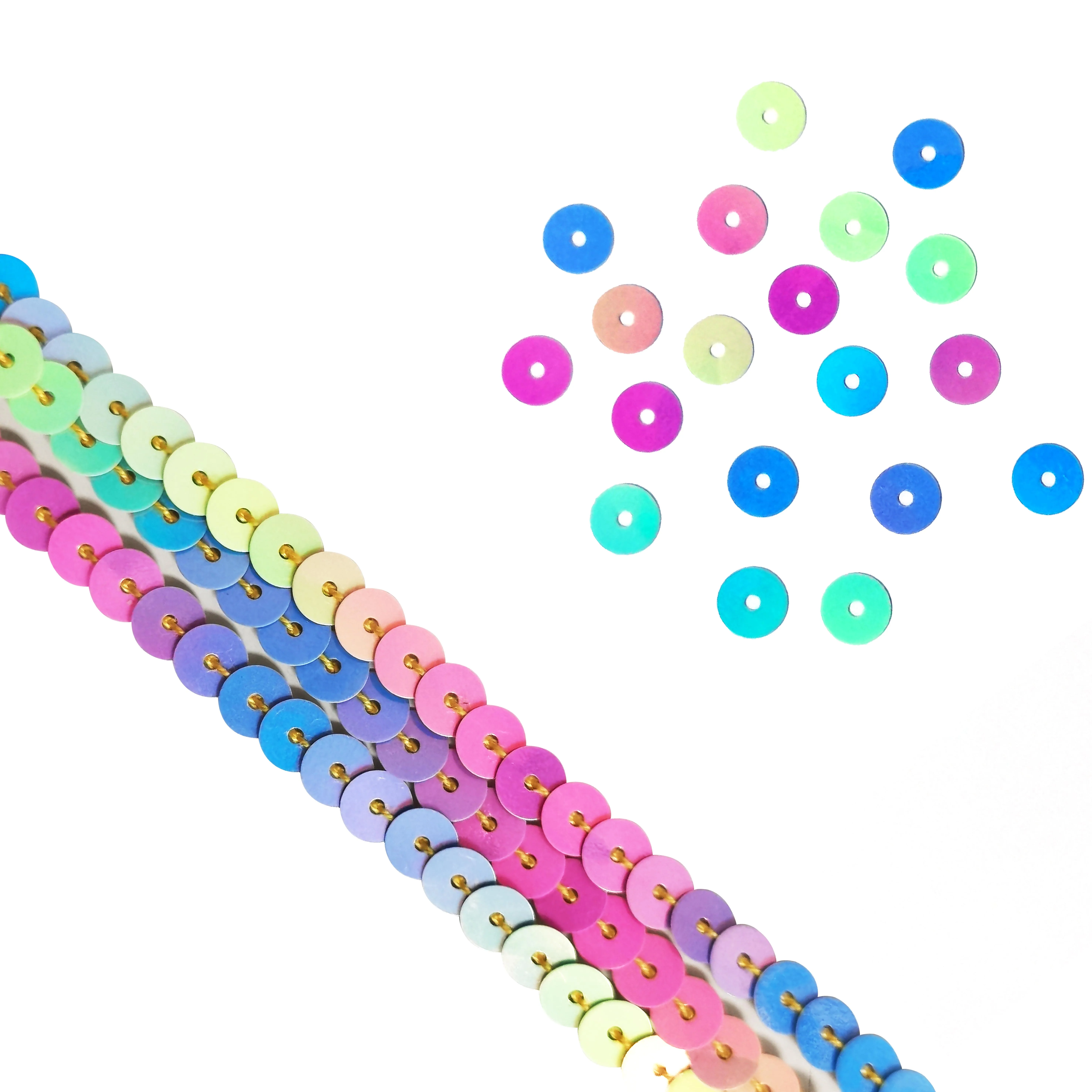 6mm Flat Iridescent Sequins Round String Line Shiny PET Spangle Sequins Tape for Stage Garment