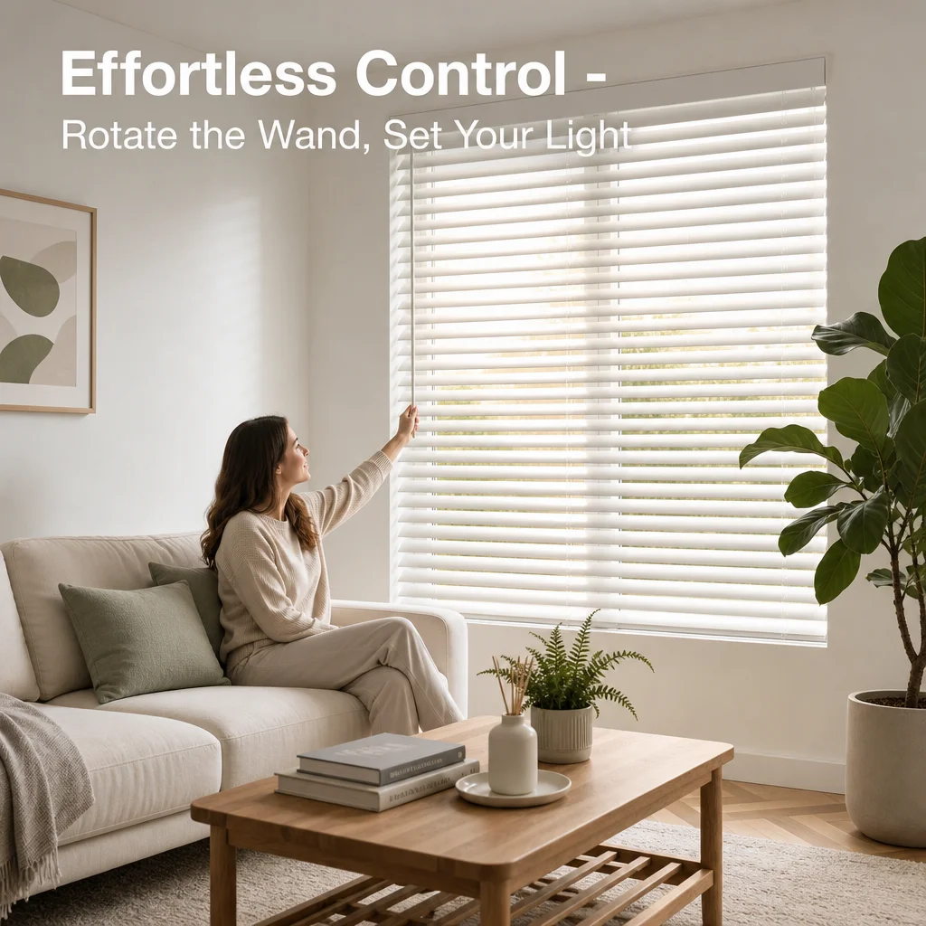 Venesiese blinders horisontaal 35 mm wit geverf hout trapkoord kantelstok trekkoord aangepaste grootte vir daaglikse gebruik in die sitkamer