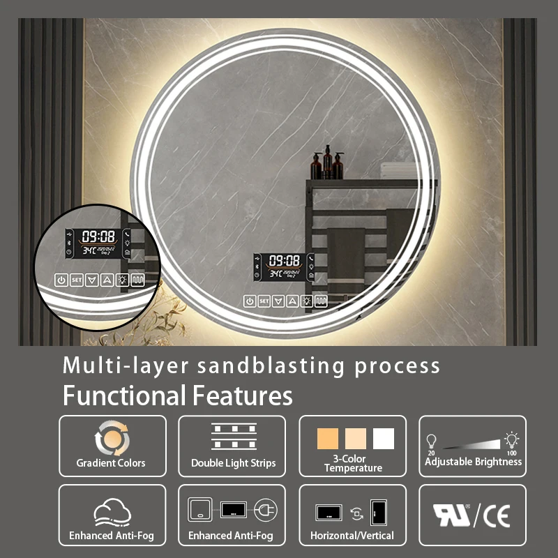 product best sale round luxury led bathroom mirror time clock memory function tempered glass smart circle mirror-0