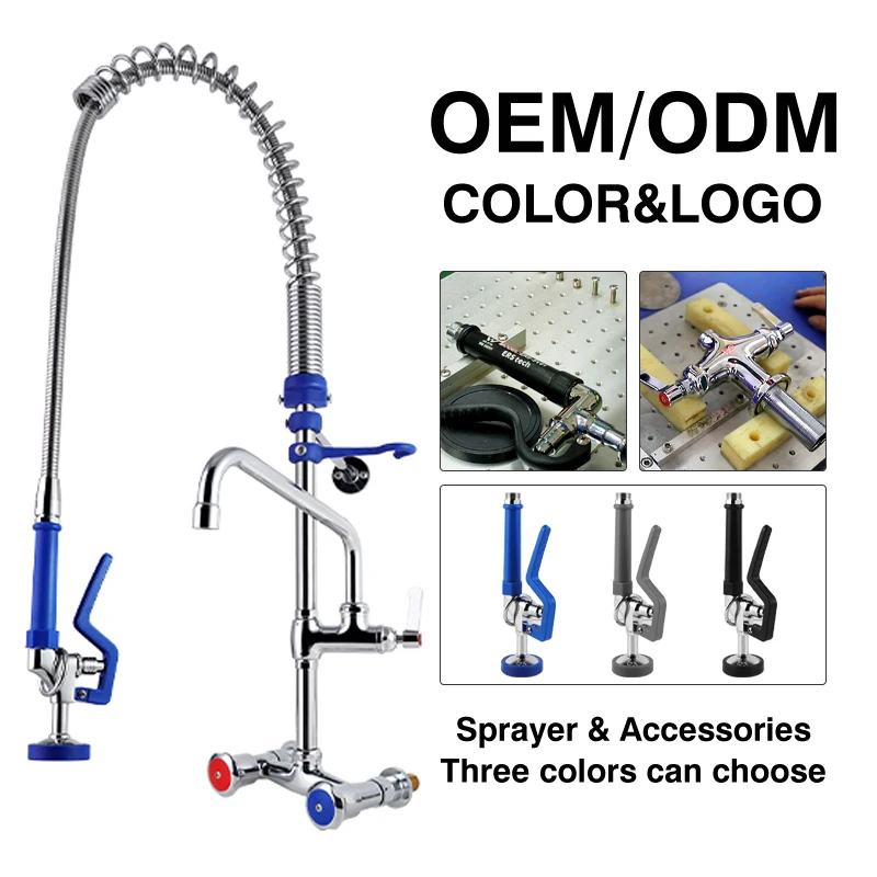 Commercial Kitchen Dual Handle Wall Mounted Spring Action Faucet EasyInstall Ceramic Valve Core Adjustable Height Pre-Rinse Unit manufacture
