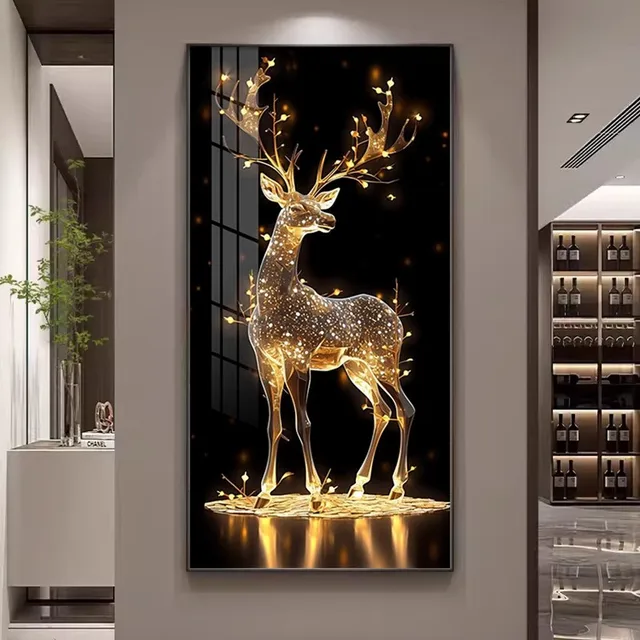 Golden Deer Crystal Decorative Painting Luxury Diamond Animal Wall Art LED with Lights Modern Home Living Room Decor Framed