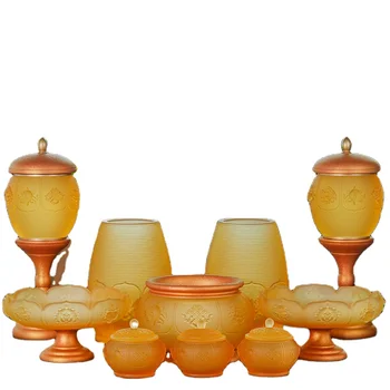 Eight Auspicious Relief Lotus Glass Vase Fruit Plate Holy Water Cup Incense Burner Set for Home and Buddhist Temples