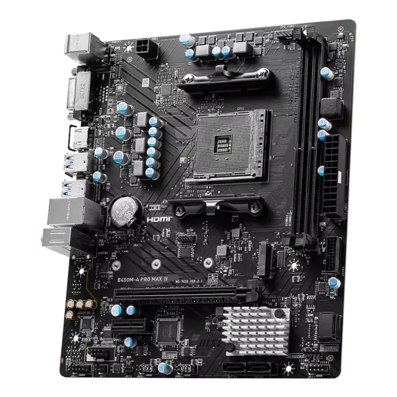 MSI B450m-A Pro Max II DDR4 motherboard supports R5 5500 and R5 5600 CPUs and features an AM4 socket.