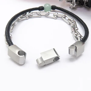 For Men Women Geometric Trendy Natural Stone Bead Stainless Steel Double Layer Chain Magnetic Clasp Black Genuine Leather