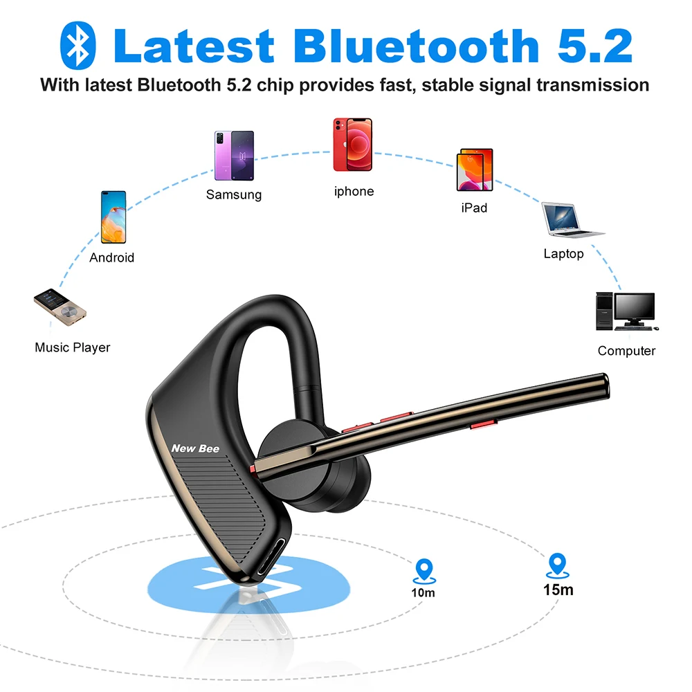New bee Bluetooth Headsets with Dual Mic V5.0 Handsfree Bluetooth Earpiece  with 25 Hrs Talking Time Mic Mute Two Device Connection for iPhone, Android  and Laptop: : Electronics & Photo