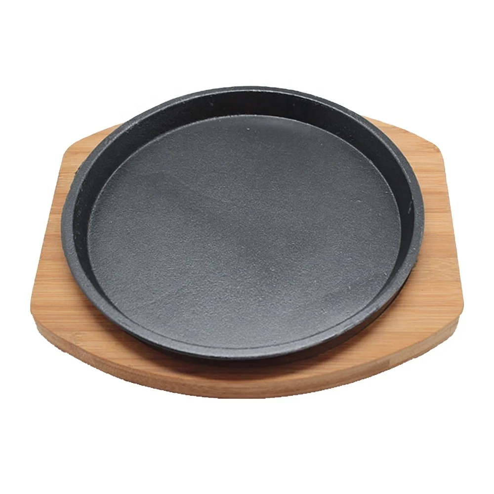 Cast Iron Sizzle Platter Steak Sizzler Serving Plate Wooden Base Sizzling  Dish