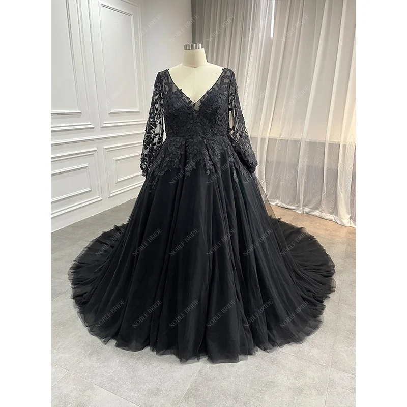 2023 Chic Vestido De Novia Gothic Long Sleeve Bridal Emerald Green Ball  Gown Luxury Plus Size Black Wedding Dresses With Veil