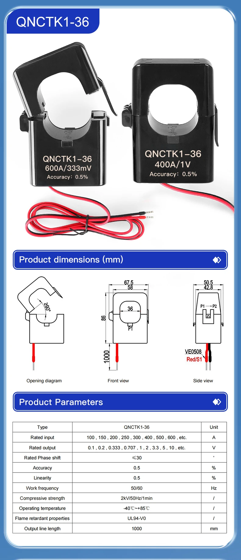 Manufacturer Split Core Current Transformer 333mV Snap on Current Sensor QNCTK1-50 1500A Clamp CT Current Transformer 1000A 1V