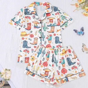 Women's Custom Logo Pajama Set Printed Short-Sleeved Sleepwear with Fleece Fabric Short Shorts