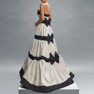 French Style Casual Dress 2026 Summer Strapless Color-Contrast Striped Design Bow Decorative Large Him Women Long Dresses