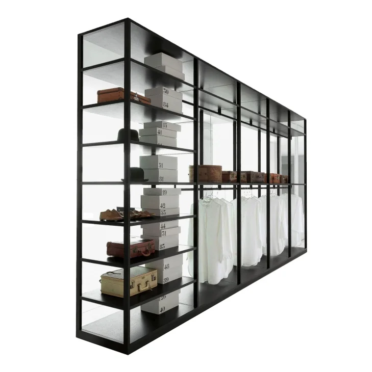 Wardrobe with Side Display Book Shelves Designs Aluminium Clear Glass Custom Modern Bedroom Furniture Walk in Closet Furniture