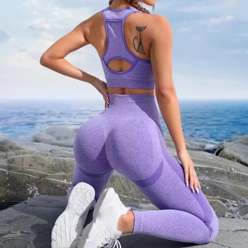 Custom Logo 2 Pcs Yoga Set Top With Pockets At The Back High Waist Sportswear Workout Clothes For Women Running Fitness Gym Sets