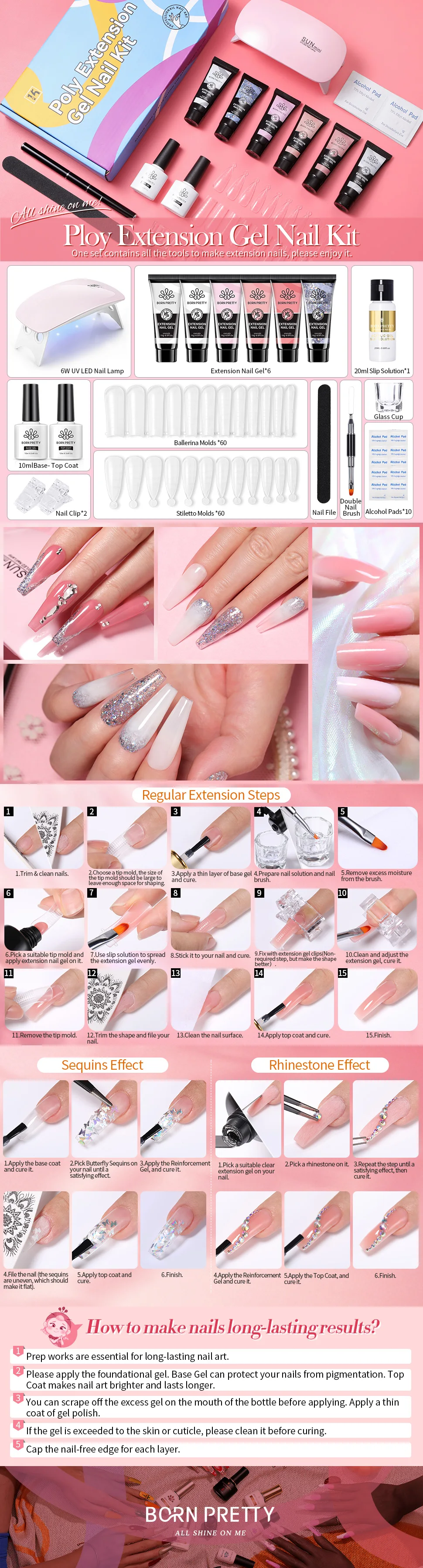 Born Pretty 15ml Poly Gel Colors Nail Set Extension Starter Kit Builderwith 6w Mini Uv Led Lamp