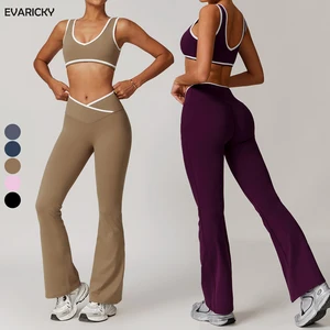 High Quality Contrast Color 2 Piece Cross Waist Yoga Leggings Women Fitness & Yoga Wear Sports Bra Gym Fitness Sets