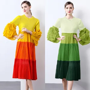 Trumpet Sleeve Dress for Women Chic Elegant Long Skirt Contrasting Color Casual Dresses Market Wholesalers