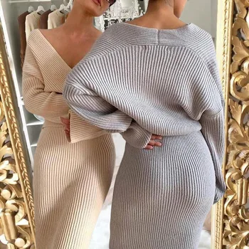 2025 Hot Sale Casual V Neck Long Sleeved Sweater + Half Skirt Set Elegant Solid Color Outfit Sweater Set Mid-Length Skirt
