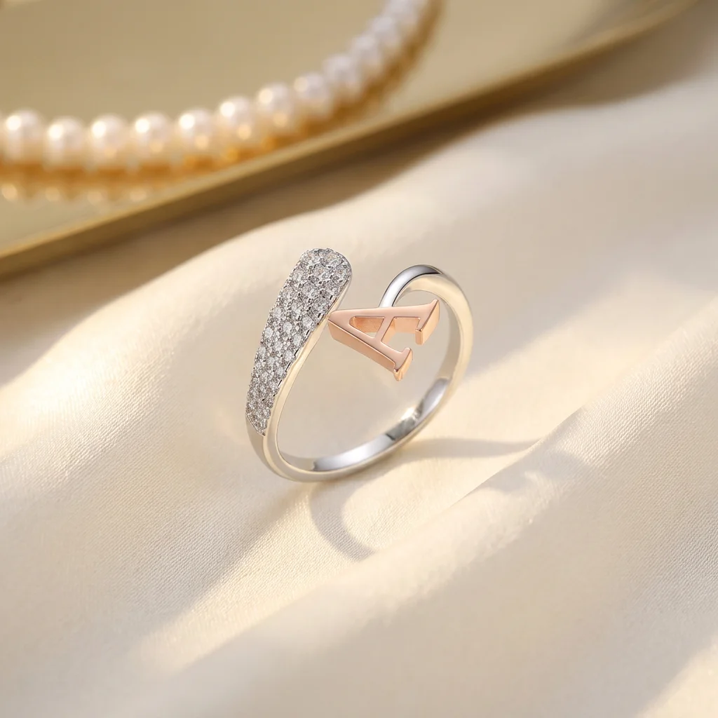 SC Women Men Arabic Gold Plated Open Adjustable Alphabet Design 925 Sterling Silver Custom Name Cz Letter Initial Rings