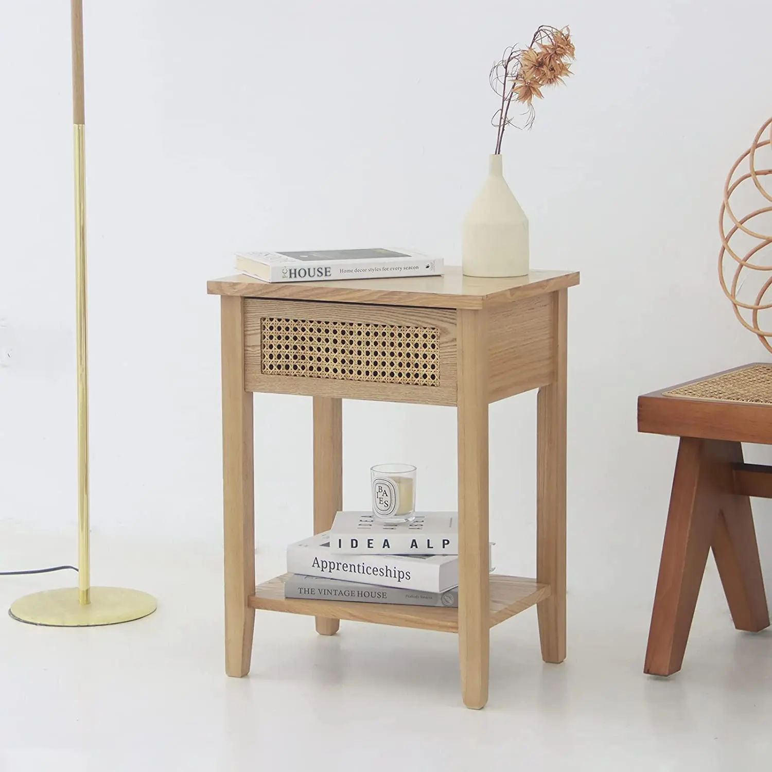 Natural Small Rattan Drawer Nightstand with Drawer and Shelf Rattan Side Table Bedroom