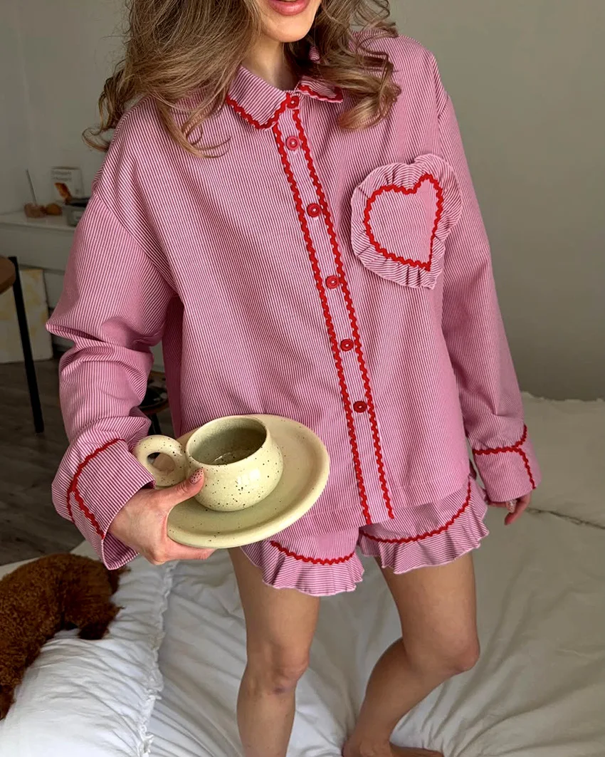 Christmas Women Pink Striped Pajama Set  Cotton Long Sleeve Ruffle Trim Button Front Two Piece Homewear — detail