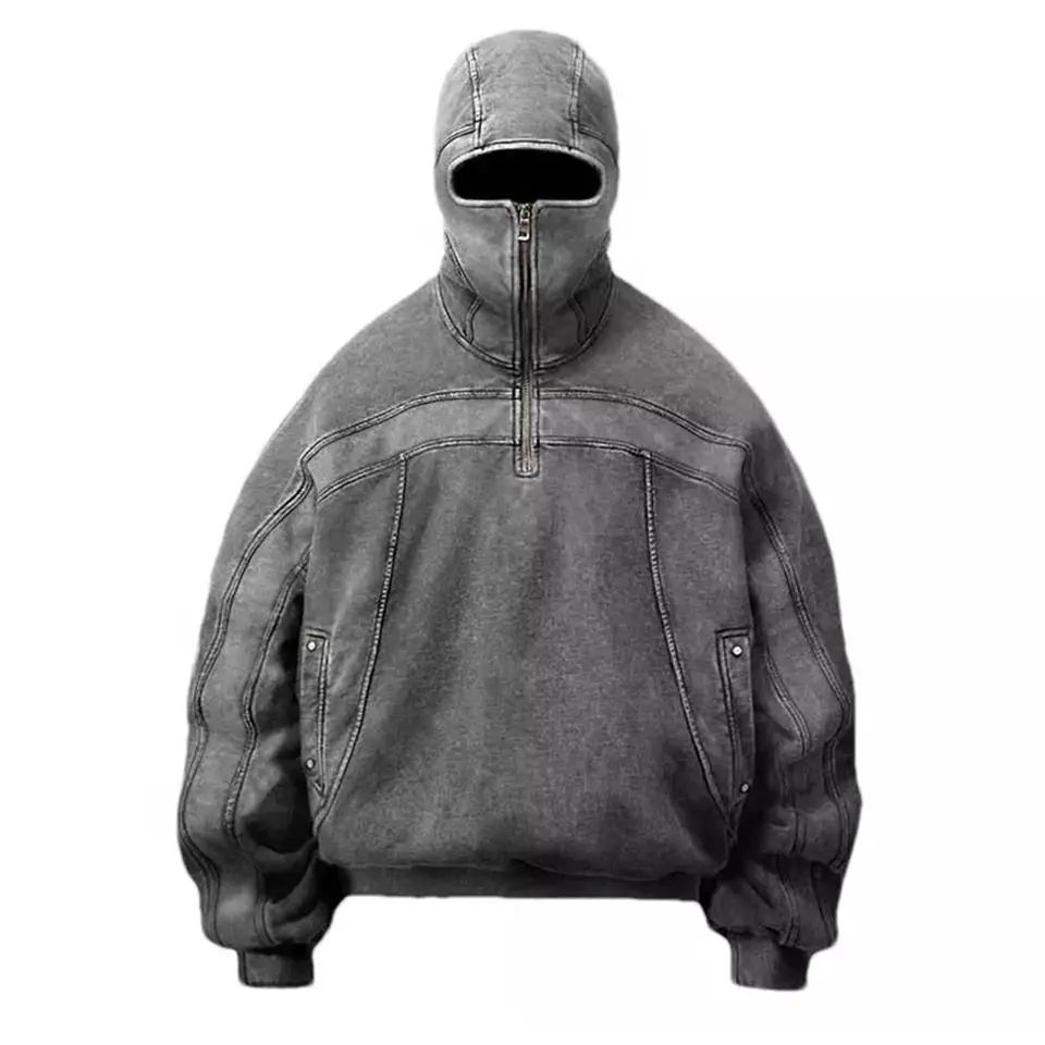 Vintage Acid Wash Zip Up Ninja Hoodie for Men - Half Face Pullover