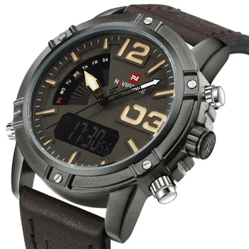 NAVIFORCE Fashion Men's Digital Sports Watches Waterproof Multifunctional Backlight Date Leather Wristwatch Hot Sale 9095