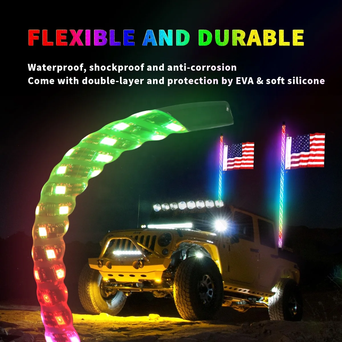 thumbnail image 2 of 2x 1ft RGB LED Whip Lights For ATV UTV – Remote Controlled, 63 Modes – For Can Am X3 Polaris RZR 2 of 6