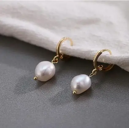 Gold Huggie 14K Gold Plated Hoop Earrings 8-9mm White Natural Baroque Pearl Drop Earrings