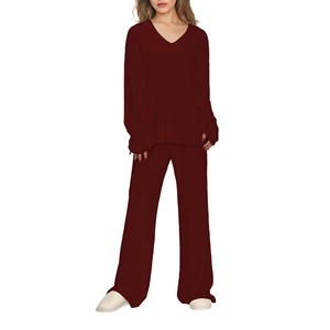 Skin Friendly Women's Pajamas Bamboo Viscose Sleepwear Set V Neck Custom Pjs Adult Loungewear for Ladies