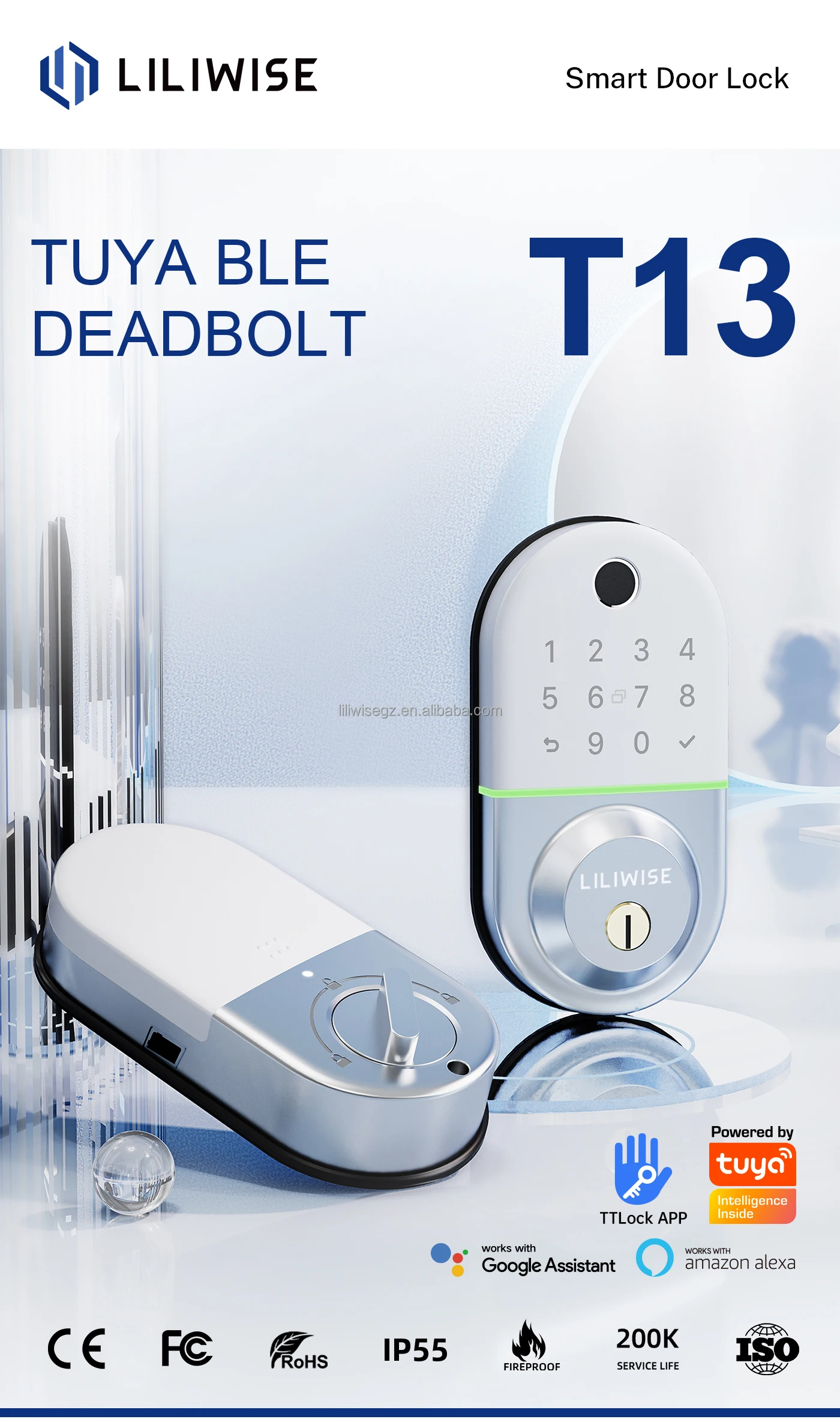 Waterproof Tuya WiFi Fingerprint Smart Door Lock with Grade C Lock Cylinder and 200 Fingerprint Capacity 2