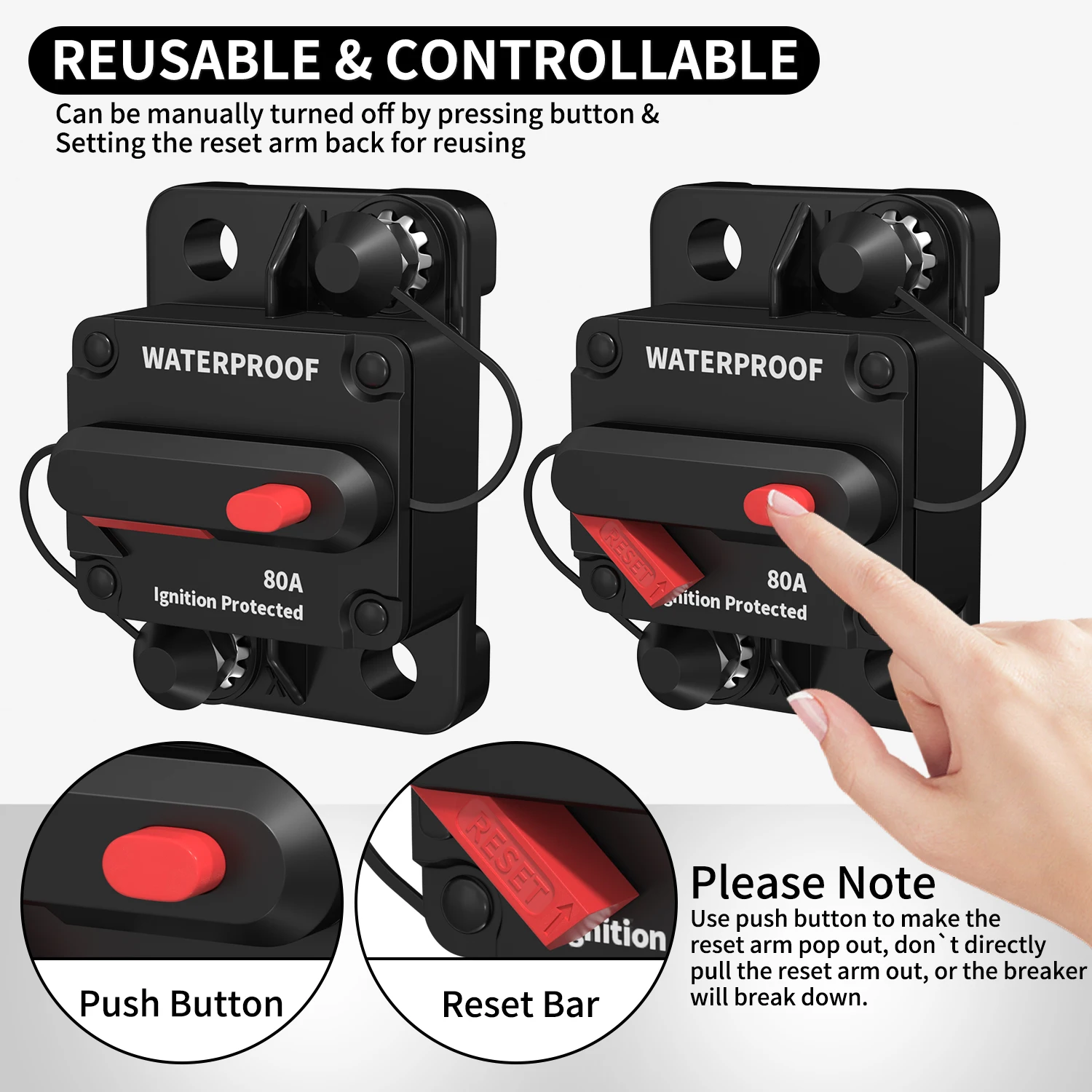 Automatic Circuit Breakers 80A 12V DC Circuit Breaker Waterproof with Manual Reset for Boats Truck Audio/Video Systems