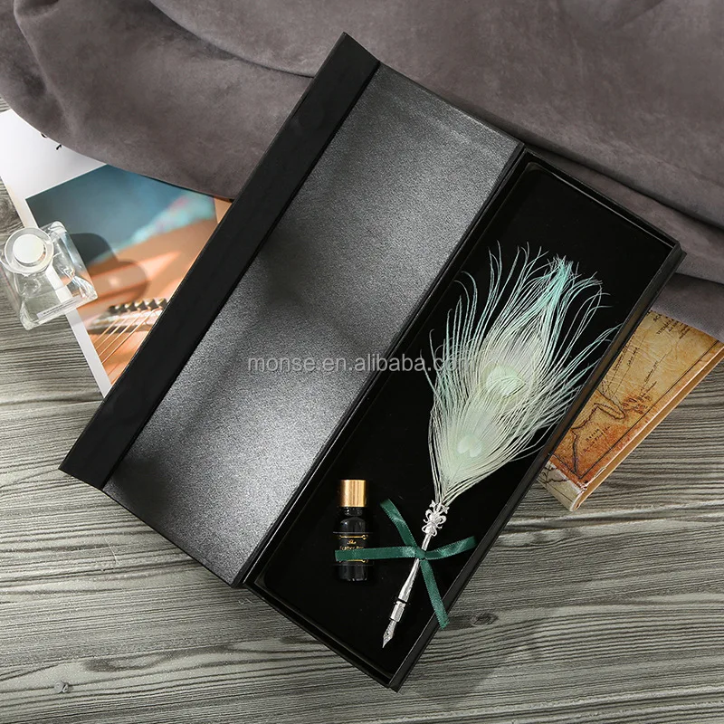Peacock Feather Pen Set Calligraphy Writing Quill Ink Dip Pen With 1 ...
