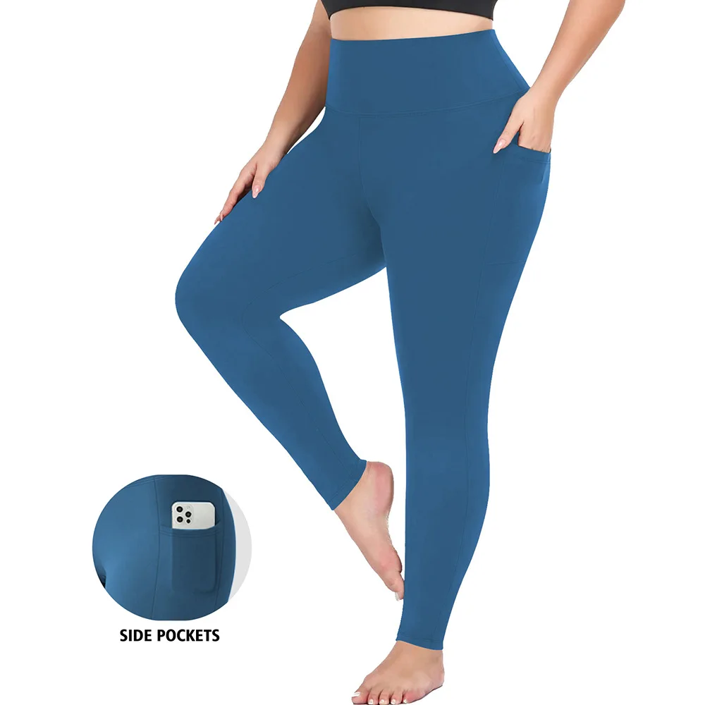 Plus Size Solid Yoga Pants Spandex/Nylon Elastic Waist Four-Way Stretch Pocket Style Hig detail