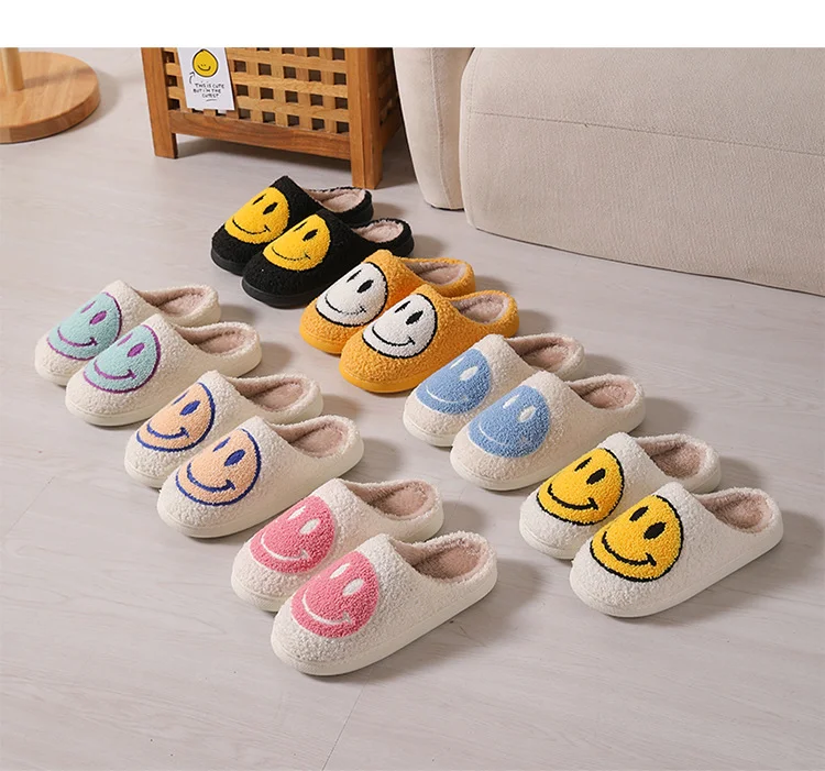 Custom Logo Smiley Face Slippers Moon Cake Plush Fuzzy Sherpa Women's ...