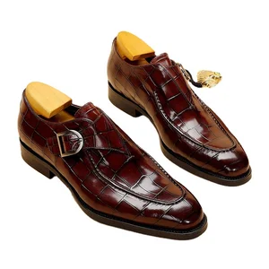 Luxury Design Office Shoes Men Italian Style Dress Shoes & Oxfords High Quality Monk Straps Embossed crocodile Leather Shoes Men