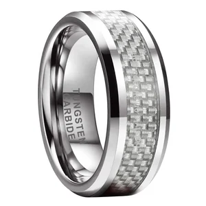 Coolstyle Jewelry 8mm Tungsten Carbide Ring for Men Women Engagement Wedding Band White Carbon Fiber Inlay Beveled Comfort Fit