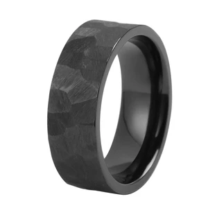 Tizi Jewelry Tungsten Titanium Rings Handmade Faceted Black Zirconium Ring for Men Hammered Mens Wedding Bands