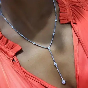 Celebrity Inspired Style Crystal Teardrop Long Necklace Silver Color Bridesmaid Bridal Wedding Jewelry