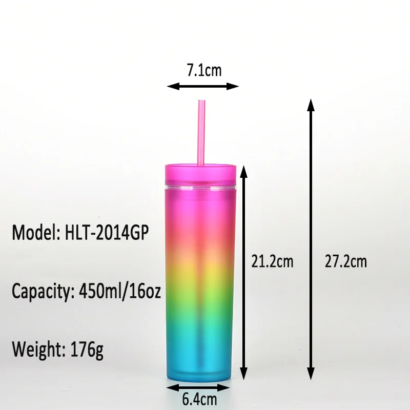 Gradient Skinny 16 oz Double-Walled Acrylic Tumbler Rainbow 16 oz Cups with  Plastic for Straw Lid Straight Shape