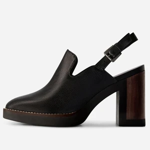 Factory Direct Women Black Leather Mules Pointed Toe Ankle Strap Block Heel Custom Logo Office Casual Comfortable Wholesale