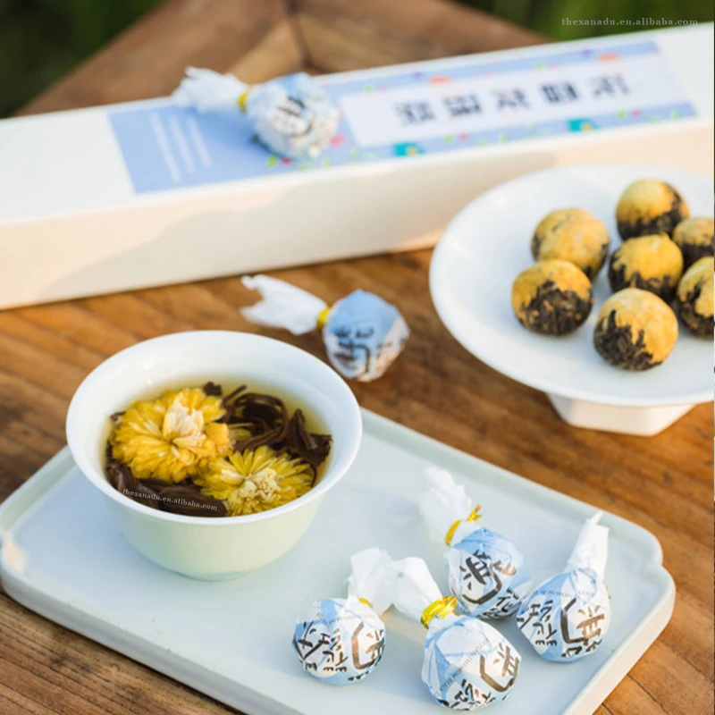 Organic Flowers White/Black Tea Balls Blooming Dried Mixed Rose Honeysuckle Osmanthus Chrysant 8 PCs/Box 5g Handcraft Gift Box