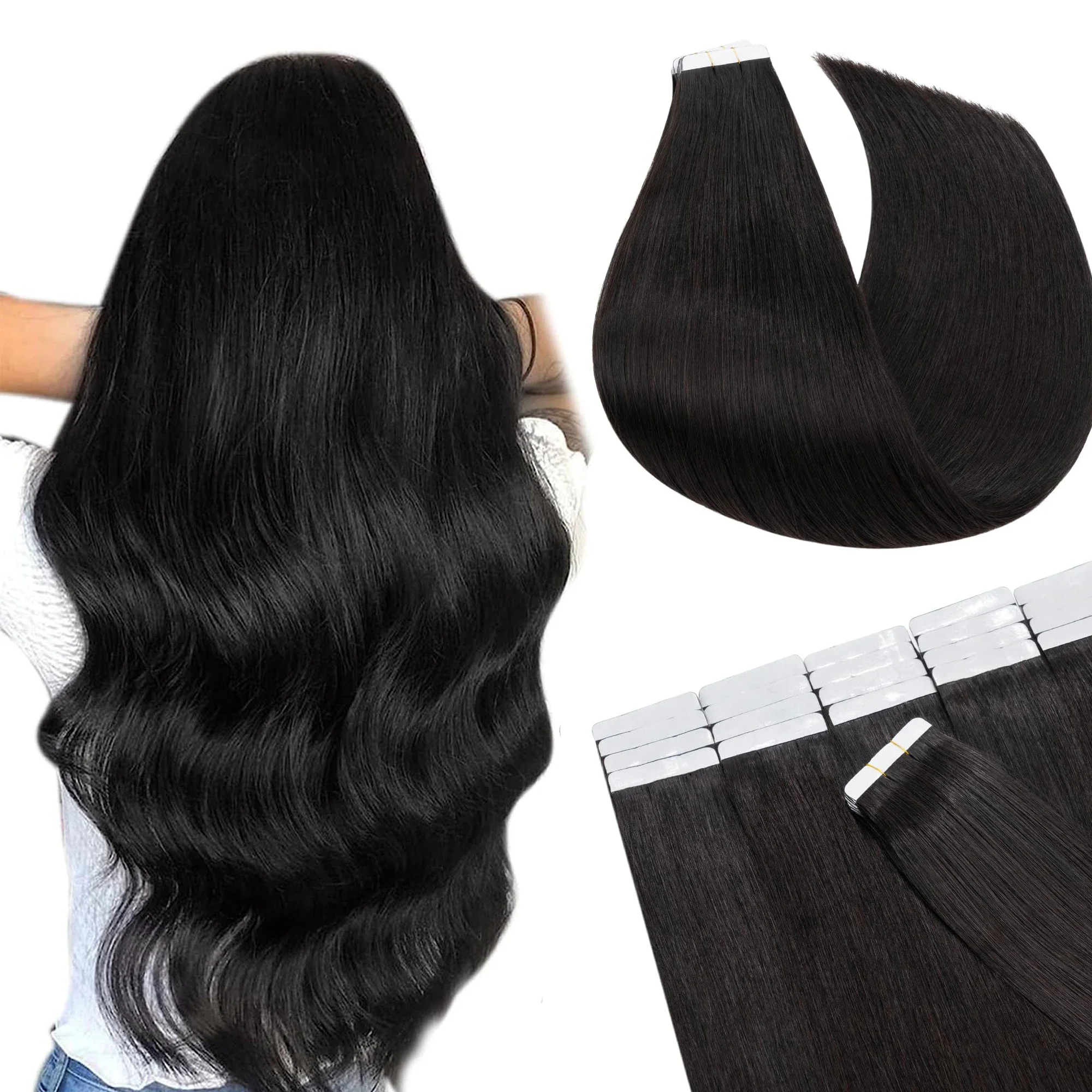Fita reta em extensões de cabelo humano preto natural #1B Remy cabelo pele sem costura trama fita extensões mulheres_voghion.com